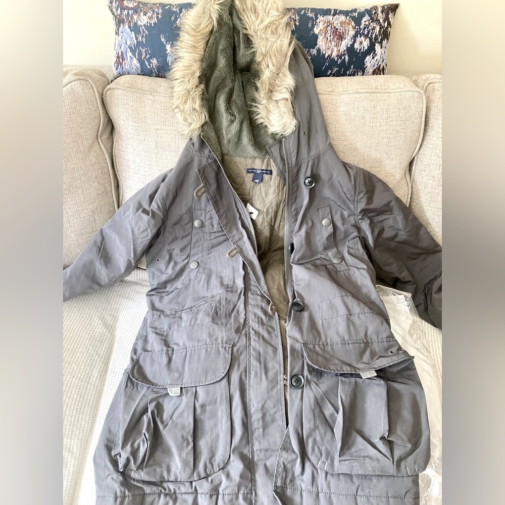 GAP Olive Green Parka Coat with Faux Fur Hood